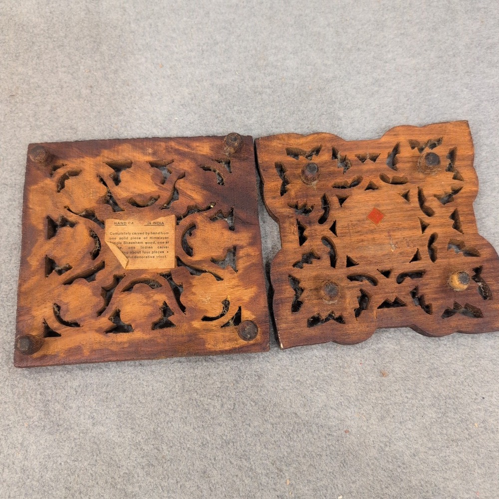 Vintage Hand Carved Sheesham Wood Trivet Set 2 Piece Floral Leaf Made in India - Picture 6 of 8